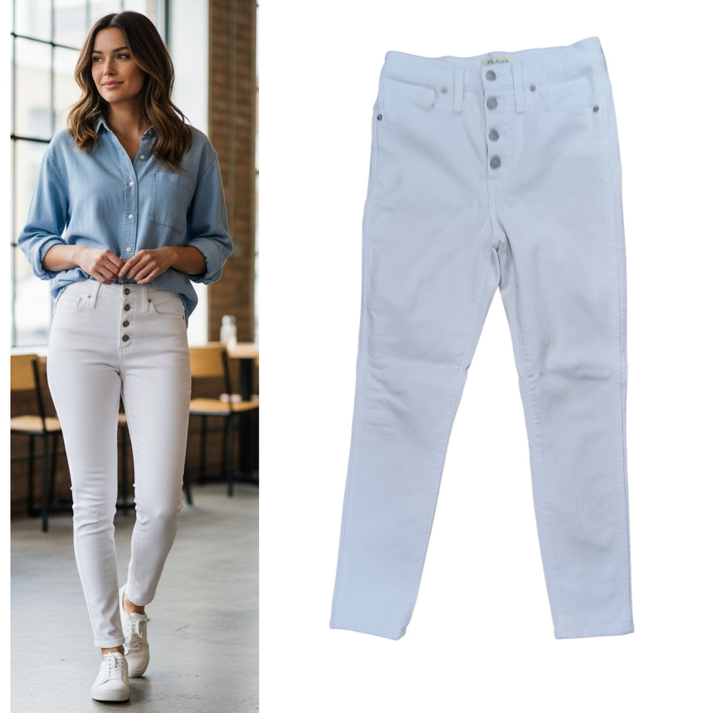 Madewell Stretch Denim Jeans Women's 27 White Button Up Hi Rise 10" Skinny Crop